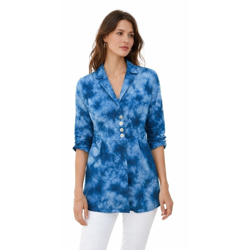 Soft Surrounds BOHO Lagenlook Artsy Jacket Womens Small Blue Linen Tie Dye